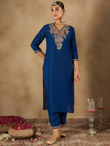 Women's Blue Embroidered Straight Kurta Trouser With Dupatta Set
