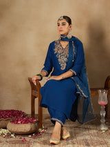 Women's Blue Embroidered Straight Kurta Trouser With Dupatta Set