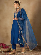 Women's Blue Embroidered Straight Kurta Trouser With Dupatta Set