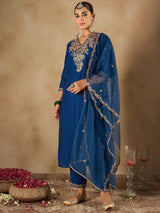 Women's Blue Embroidered Straight Kurta Trouser With Dupatta Set