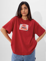 Women's Red Casual Oversized Fit Graphic Half Sleeves Tshirt