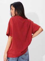 Women's Red Casual Oversized Fit Graphic Half Sleeves Tshirt