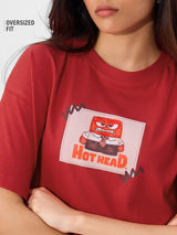 Women's Red Casual Oversized Fit Graphic Half Sleeves Tshirt