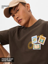 Men's Brown Casual Printed Oversized Fit Half Sleeves Tshirt