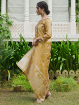 Women's Mustard Woven Design Straight Kurta Trouser With Dupatta set