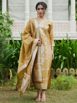 Women's Mustard Woven Design Straight Kurta Trouser With Dupatta set