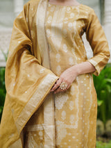 Women's Mustard Woven Design Straight Kurta Trouser With Dupatta set