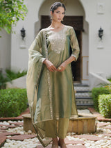 Women's Green Embroidered Straight Kurta Trouser With Dupatta set