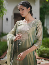 Women's Green Embroidered Straight Kurta Trouser With Dupatta set