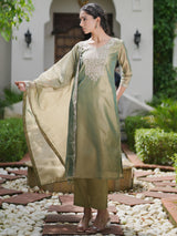 Women's Green Embroidered Straight Kurta Trouser With Dupatta set