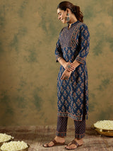 Women's Blue Embroidered Straight Kurta Trousers Set