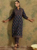 Women's Blue Embroidered Straight Kurta Trousers Set