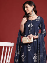Women's Navy Blue Printed Straight Kurta Trouser With Dupatta Set