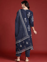 Women's Navy Blue Printed Straight Kurta Trouser With Dupatta Set