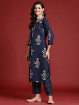 Women's Navy Blue Printed Straight Kurta Trouser With Dupatta Set