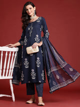 Women's Navy Blue Printed Straight Kurta Trouser With Dupatta Set