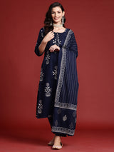 Women's Navy Blue Printed Straight Kurta Trouser With Dupatta Set