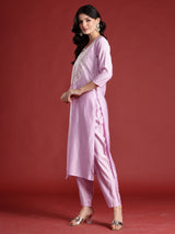 Women's Pink Embroidered Straight Kurta Pant with Dupatta Set