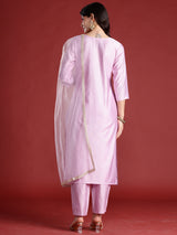 Women's Pink Embroidered Straight Kurta Pant with Dupatta Set