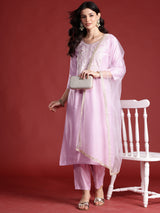 Women's Pink Embroidered Straight Kurta Pant with Dupatta Set