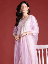 Women's Pink Embroidered Straight Kurta Pant with Dupatta Set