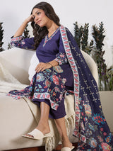 Women's Purple Printed Straight Kurta Trousers With Dupatta Set