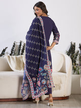 Women's Purple Printed Straight Kurta Trousers With Dupatta Set