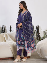 Women's Purple Printed Straight Kurta Trousers With Dupatta Set
