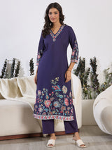 Women's Purple Printed Straight Kurta Trousers With Dupatta Set