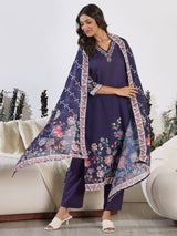 Women's Purple Printed Straight Kurta Trousers With Dupatta Set