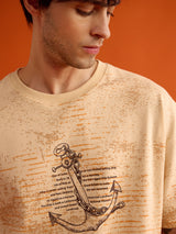 Men's Off White Casual Printed Oversized Fit Half Sleeves Tshirt