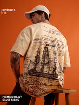 Men's Off White Casual Printed Oversized Fit Half Sleeves Tshirt