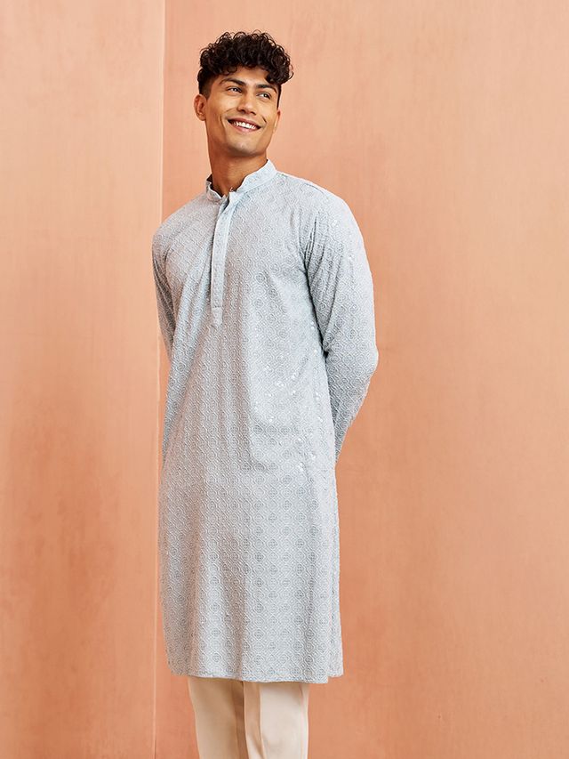 Men's Blue Aqua Schiffli Embroidered Rayon Kurta