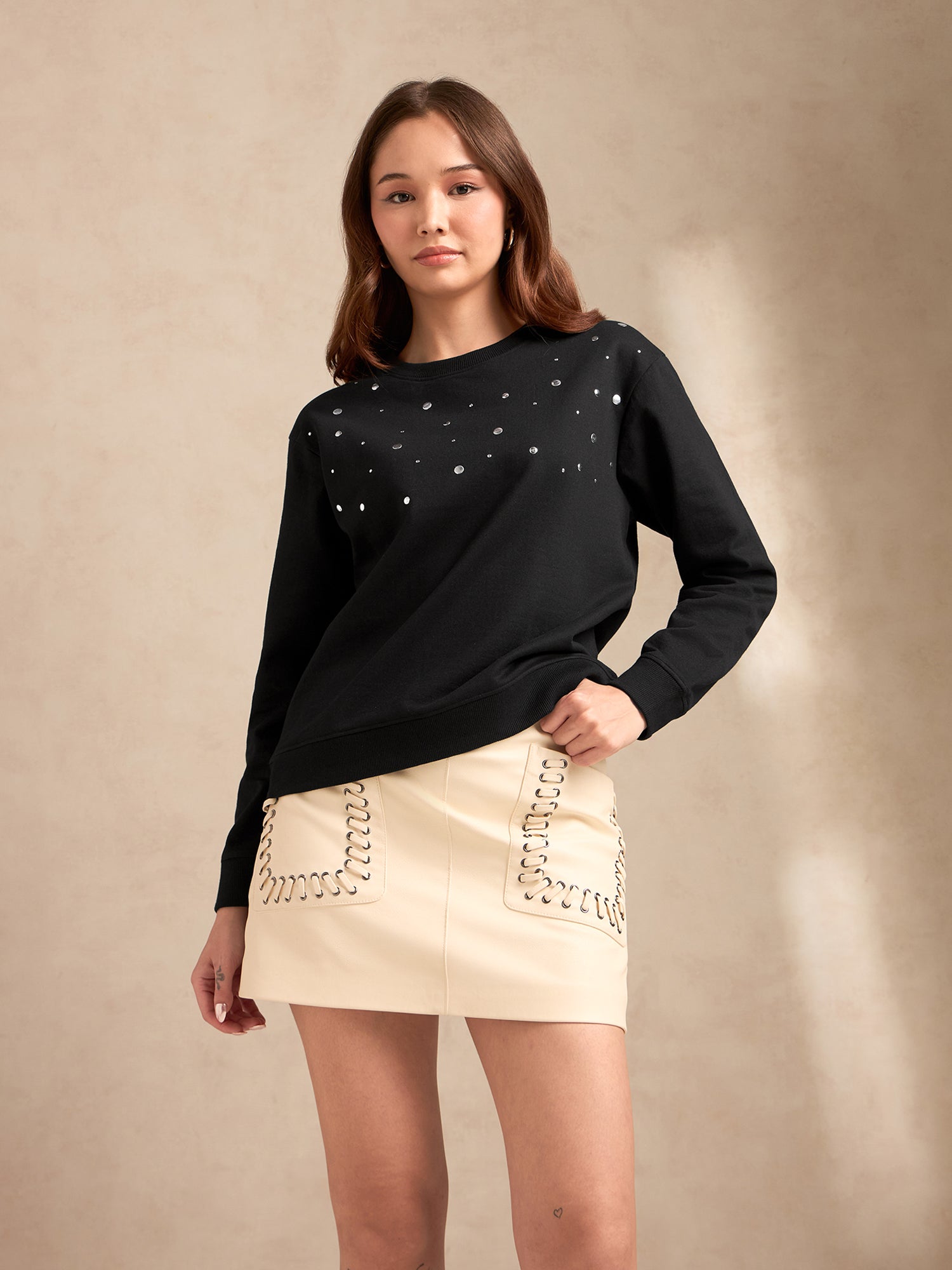 Women's Black Metal Studded Solid Sweatshirt