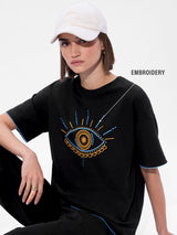 Women's Black Casual Oversized Fit Printed Half Sleeves Tshirt