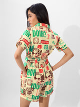 Women's Yellow Casual Graphic Half Sleeves Playsuit