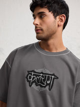 Men's Grey Casual Printed Oversized Fit Half Sleeves Tshirt