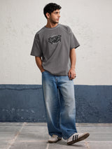 Men's Grey Casual Printed Oversized Fit Half Sleeves Tshirt