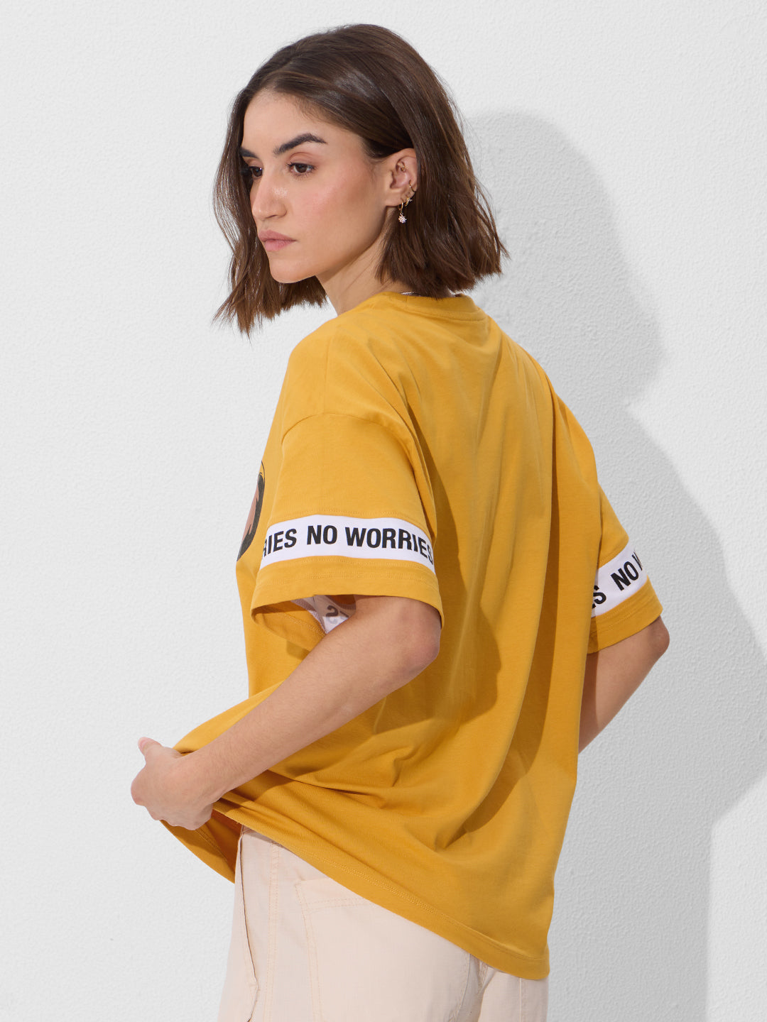Women's Yellow Casual Oversized Fit Printed Half Sleeves Tshirt