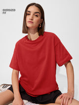 Women's Red Casual Oversized Fit Solid Half Sleeves Tshirt