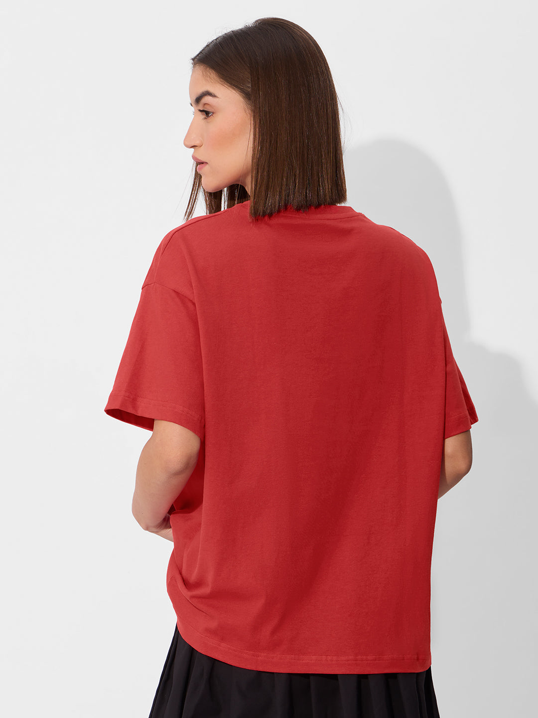 Women's Red Casual Oversized Fit Solid Half Sleeves Tshirt