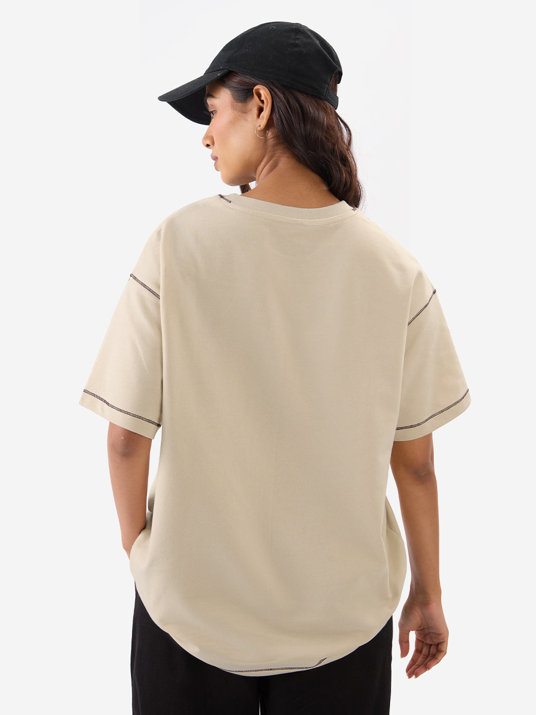 Women's Beige Casual Oversized Fit Printed Half Sleeves Tshirt