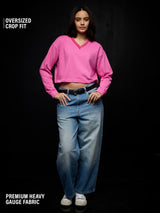 Women's Pink Casual Oversized Fit Solid Full Sleeves Sweatshirt