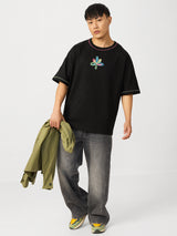 Men's Black Casual Printed Oversized Fit Half Sleeves Tshirt