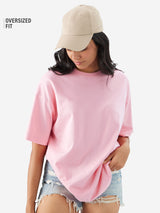 Women's Pink Casual Oversized Fit Solid Half Sleeves Tshirt