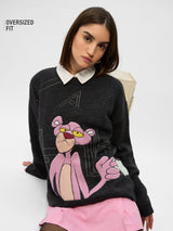 Women's Black Casual Oversized Fit Printed Full Sleeves Sweater