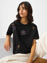 Women's Black Casual Regular Fit Embroidered Half Sleeves Tshirt