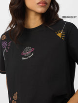 Women's Black Casual Regular Fit Embroidered Half Sleeves Tshirt