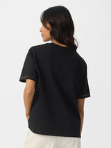Women's Black Casual Regular Fit Embroidered Half Sleeves Tshirt