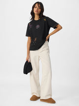 Women's Black Casual Regular Fit Embroidered Half Sleeves Tshirt